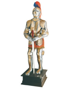 Silver natural armor with golden engravings and sword in the hands