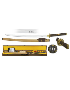 Katana Damascus steel blade with box, sheath, cleaning kit and tsubas