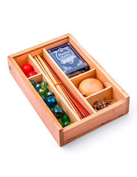 Medieval game box: cards, yo-yo, dominoes, pick-up sticks, marbles, jacks