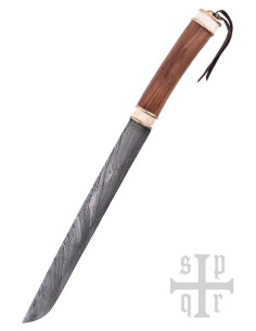 Seax viking damascus knife, walnut and bone handle