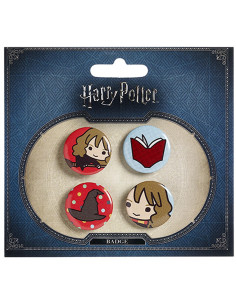 Set of 4 badges, Hermione, Book, Hat and Hermione on the...