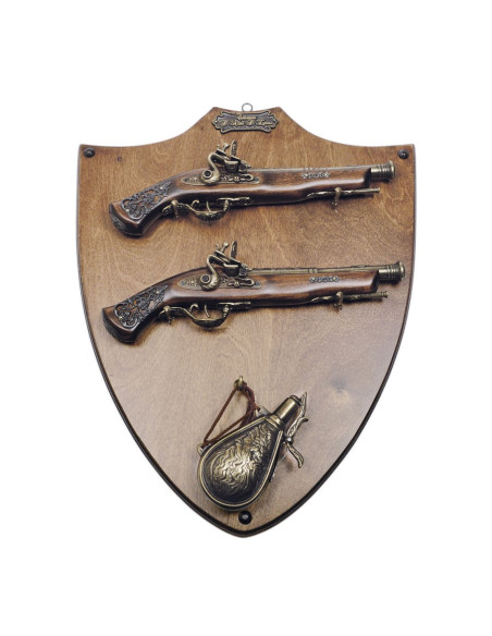 Wooden panoply with guns and gunpowder
