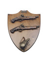 Wooden panoply with guns and gunpowder
