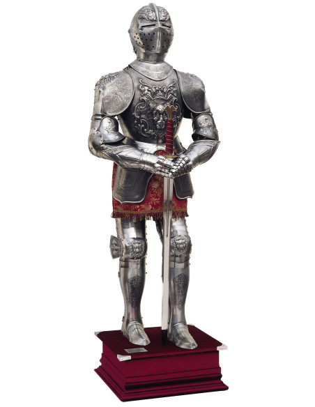 Silver natural armor with engravings, garnet suit and sword in his hands