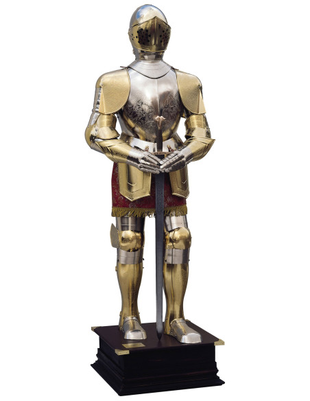 Natural silver and gold armor with engravings, garnet suit and sword in his hands