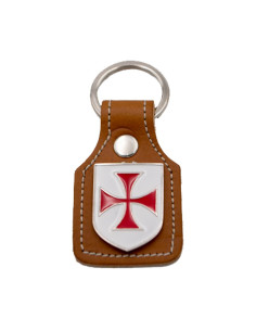 Key fob brown leather and metal Templar Cross