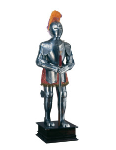 Natural silver armor with engravings, plume of feathers and sword in the hands 2