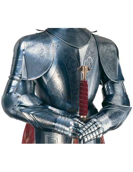 Natural silver armor with engravings, plume of feathers and sword in the hands