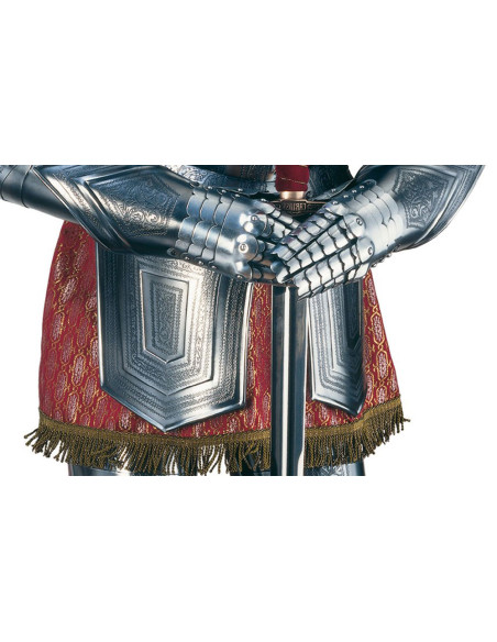 Natural silver armor with engravings, plume of feathers and sword in the hands