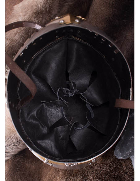 Crusader helmet with brass fittings,...