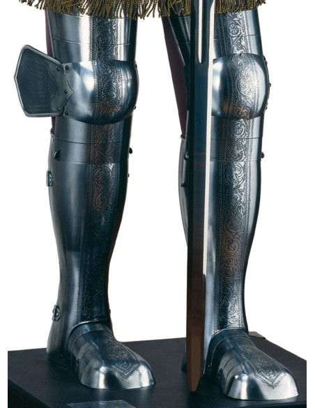 Natural silver armor with engravings, plume of feathers and sword in the hands