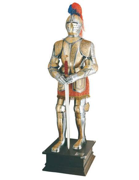 Silver natural armor with golden engravings and sword in the hands