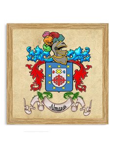Heraldic shield picture with 1 surname framed in wood...