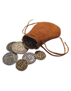 Leather bag with 8 Spanish coins