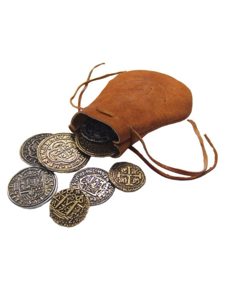 Leather bag with 8 Spanish coins Leather bag with 8 Spanish coins