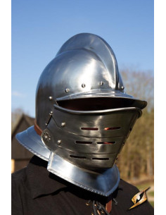 Burgundy helmet with polished steel visor, Epic Armory