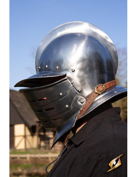 Burgundy helmet with polished steel...