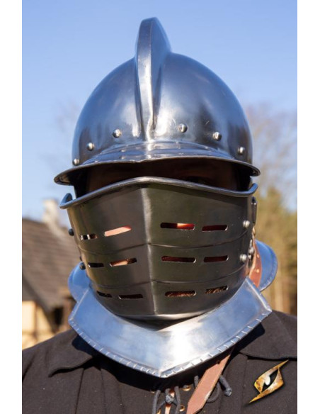 Burgundy helmet with polished steel...