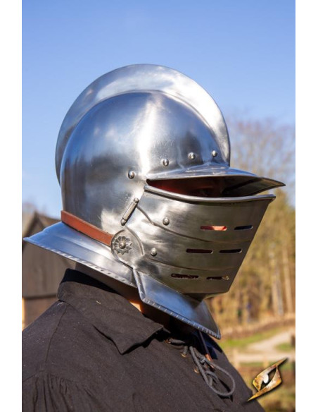 Burgundy helmet with polished steel...