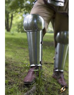 Metallic medieval greaves in polished steel, Epic Armory