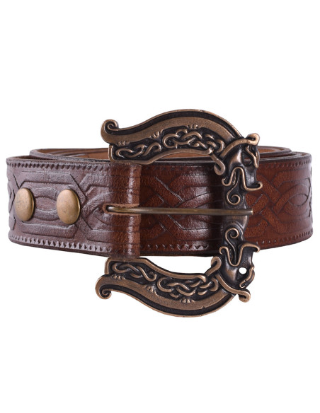 Celtic long leather belt with wolves,...