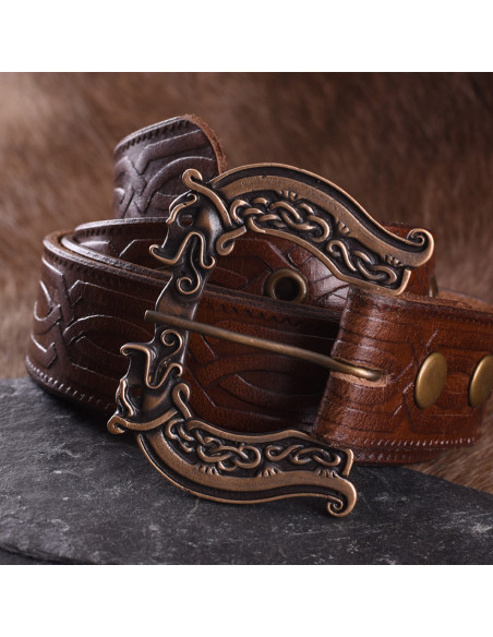 Celtic long leather belt with wolves,...