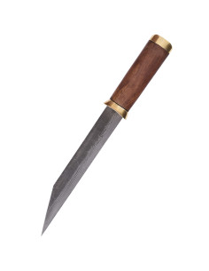 Seax knife damascus steel blade, brown suede sheath