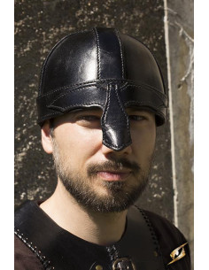 Medieval spangenhelm helmet in black leather for LARP