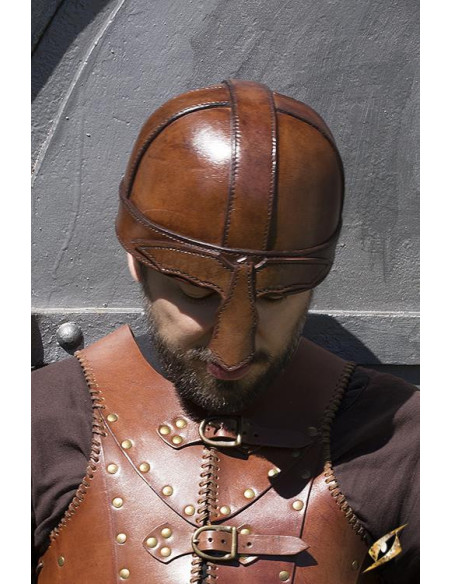 Medieval spangenhelm helmet in brown...