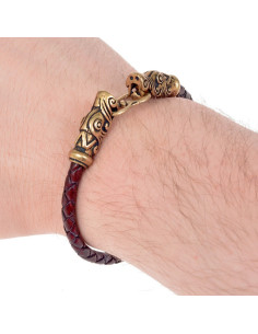 Viking Gotland bronze braided bracelet on brown leather 2