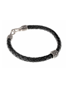 Viking braided bracelet with silver beads on black leather