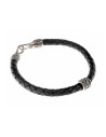Viking braided bracelet with silver beads on black leather