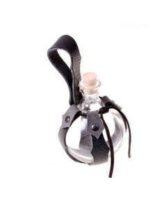 Glass bottle with leather baldric for your magic potions