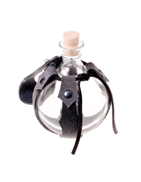 Glass bottle with leather baldric for... Glass bottle with leather baldric for...