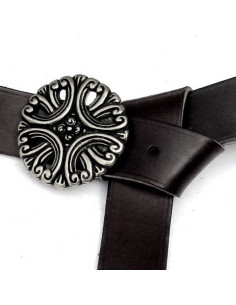 Long medieval leather belt with floral buckle