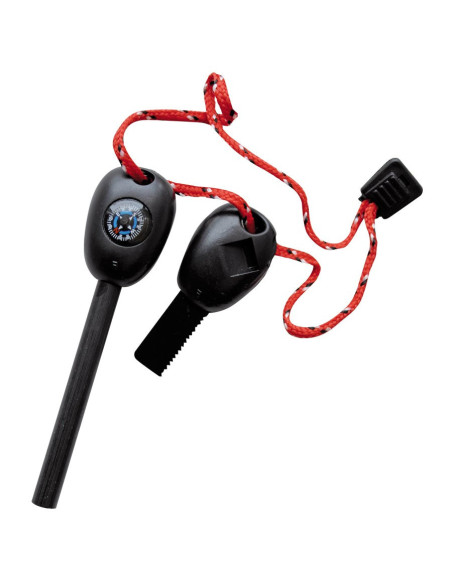 Flint, compass, ruler, saw and whistle