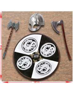 Viking weapons panoply with shield, axes and helmet