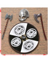 Viking weapons panoply with shield, axes and helmet