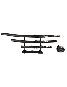 Set of 3 black katanas with desktop stand