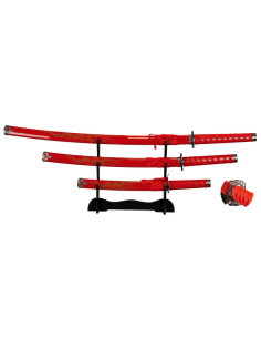 Set of 3 red Dragon katanas with desktop stand