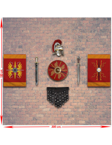 Panoply weapons Roman legions. banners, shield, gladius, helmet and cingulum