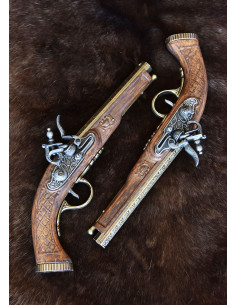 Set of 2 brass-plated octagonal French dueling pistols,...