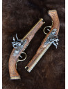 Set of 2 brass-plated octagonal French dueling pistols, 18th century