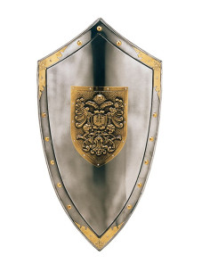 Shield with golden engraving of eagles and studs around