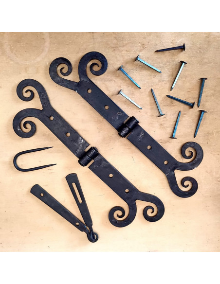 Set of 2 curly forged medieval hinges