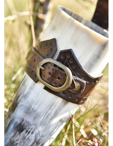Leather baldric with horn buckle,...