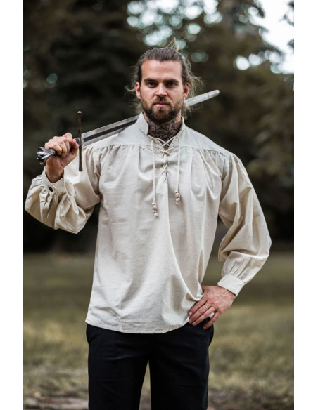 High-neck lace-up shirt, natural white