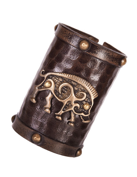 Wild boar Celtic bracelet, brown leather