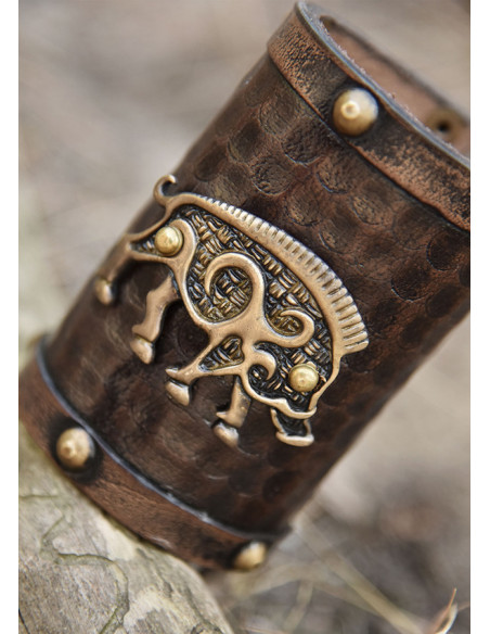 Wild boar Celtic bracelet, brown leather