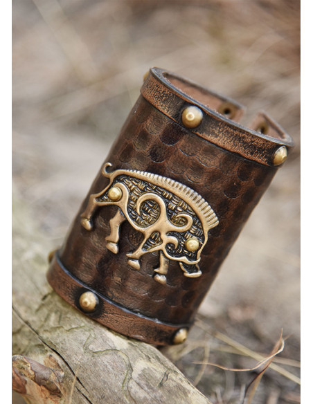 Wild boar Celtic bracelet, brown leather